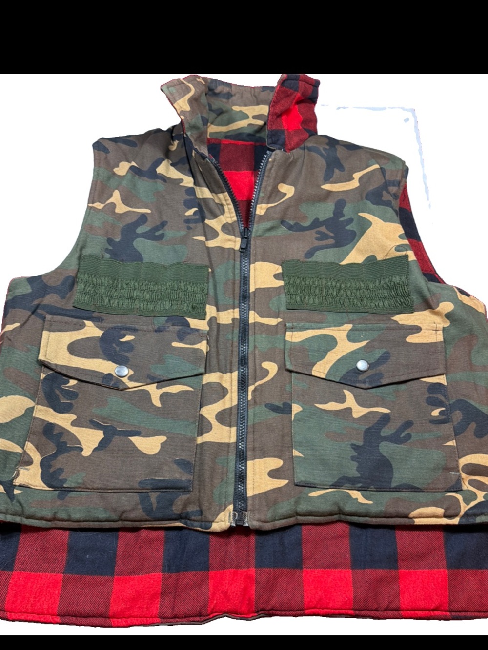 Bushmaster Reversible Camo Canvas Red Black Plaid Duck Hunting Vest Flannel MED